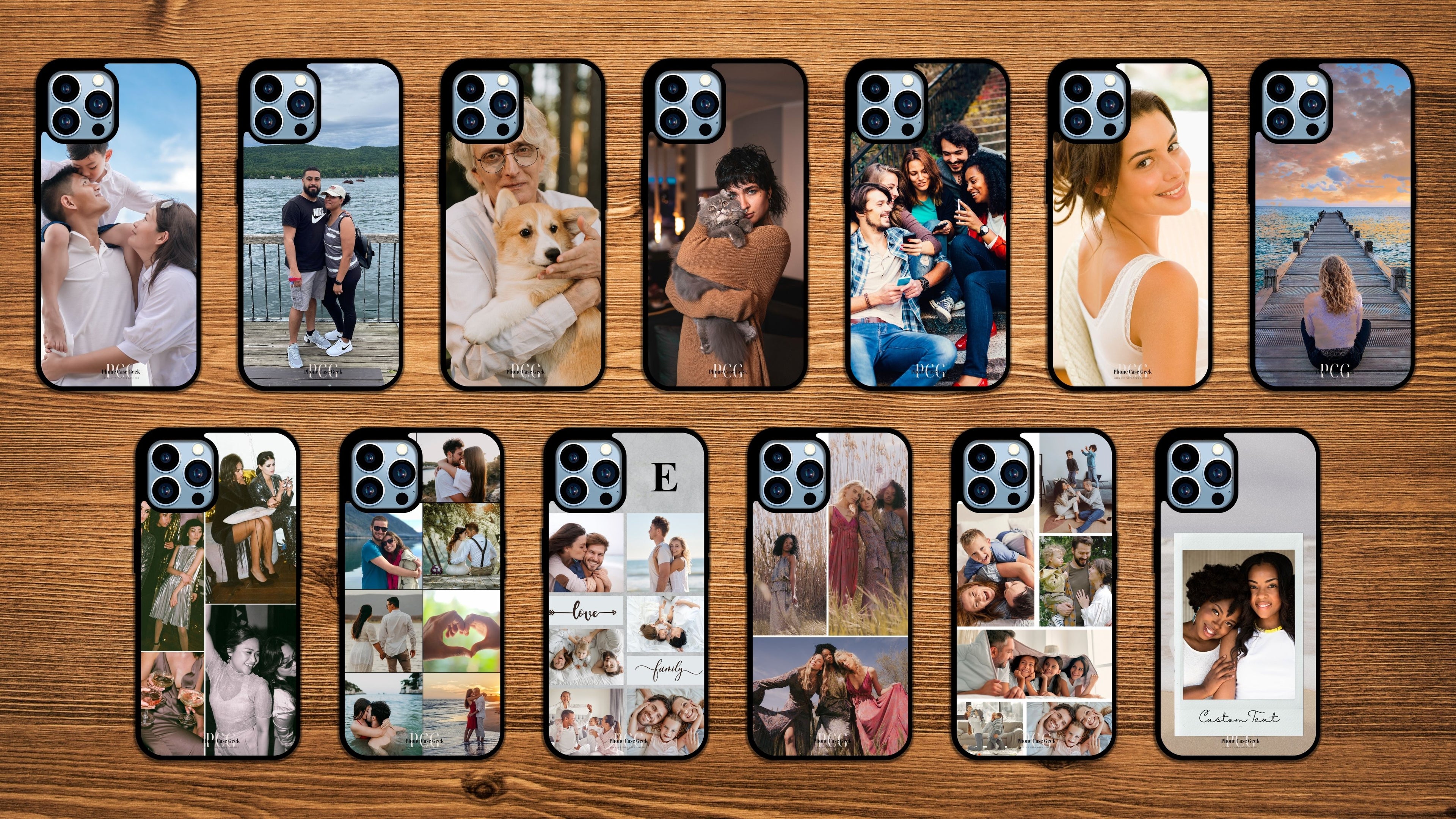 Thirteen custom phone cases with single and collage photos, showcasing different photo memories displayed on a wood background, highlighting personalized designs.