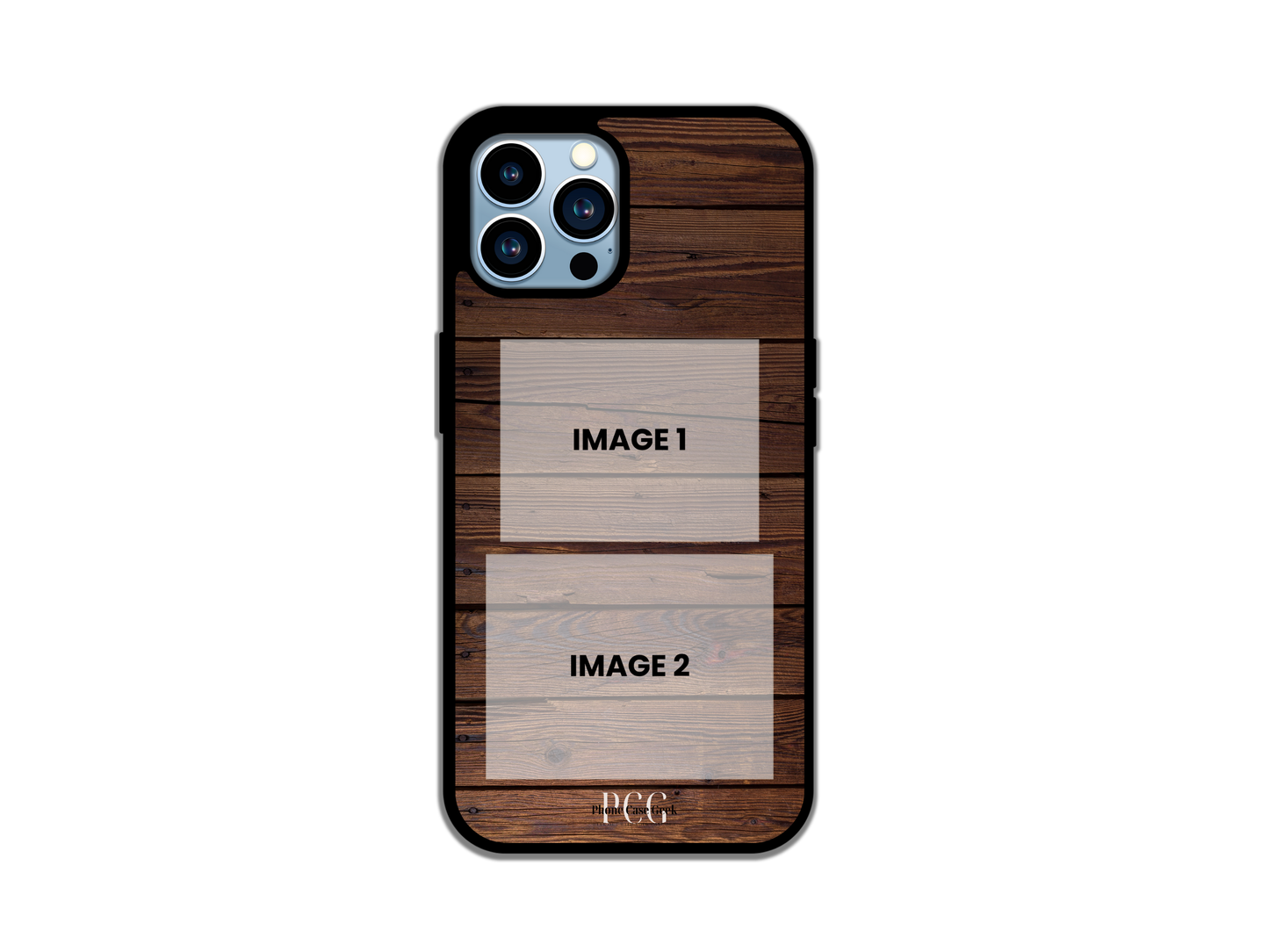 Template layout for a two-photo collage custom iPhone case, highlighting design options with a wood pattern.