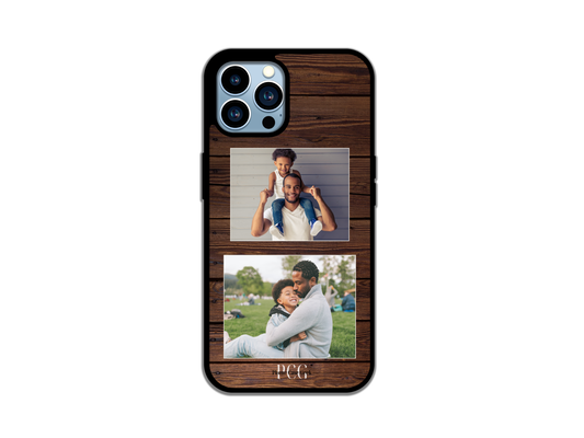 Example of a two-photo collage custom iPhone case featuring a father and son, designed with a wood-pattern background.