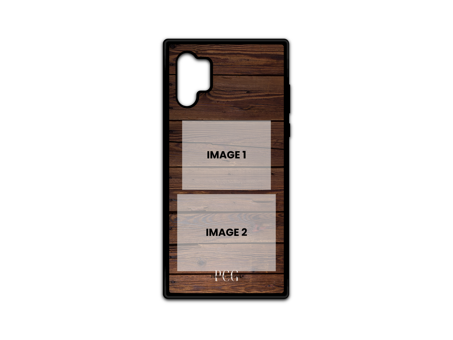 Template layout for 2-photo collage custom phone case with wood background, showing design and photo placement options for Samsung Galaxy Note10.