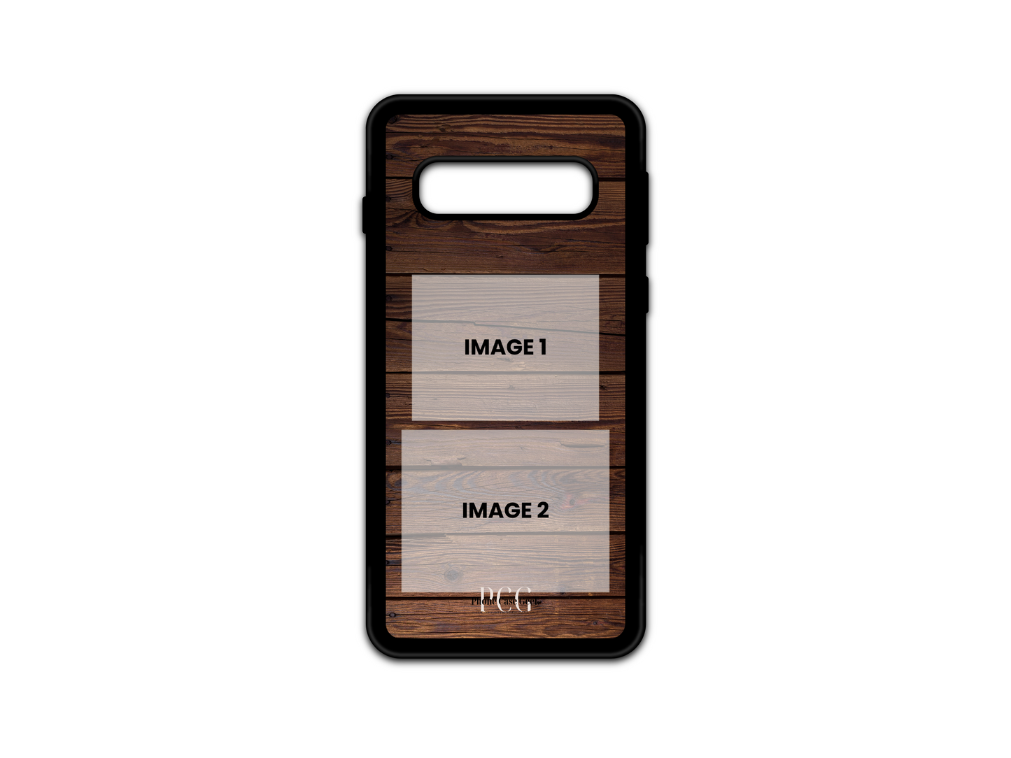 Template layout for 2-photo collage custom phone case with wood background, showing design and photo placement options for Samsung Galaxy S10 and S10 5G