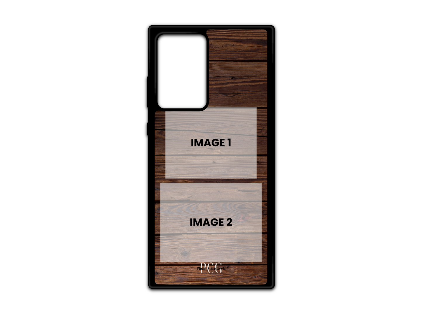 Template layout for 2-photo collage custom phone case with wood background, showing design and photo placement options for Samsung Galaxy S21 Ultra, Note20, and Note 20 Ultra.