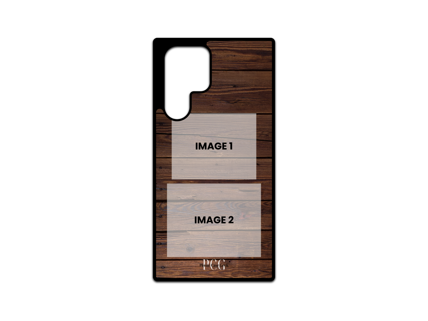 Template layout for 2-photo collage custom phone case with wood background, showing design and photo placement options for Samsung Galaxy Ultra