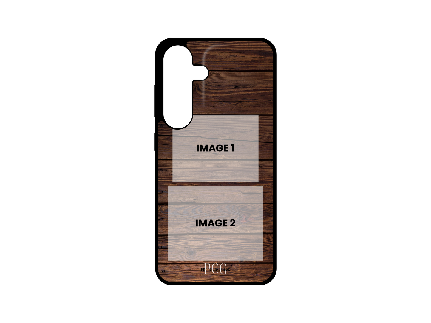 Template layout for 2-photo collage custom phone case with wood background, showing design and photo placement options for Samsung Galaxy S24, S23, S22, S21.