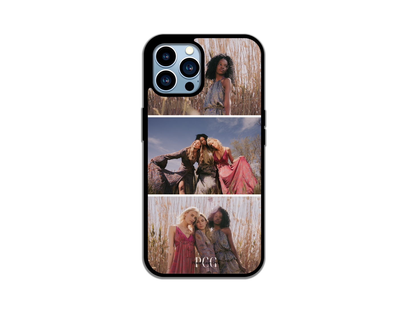 Example of a 3 Photo Collage Custom Phone Case for iPhone featuring three photos of friends, showcasing personalized design options.