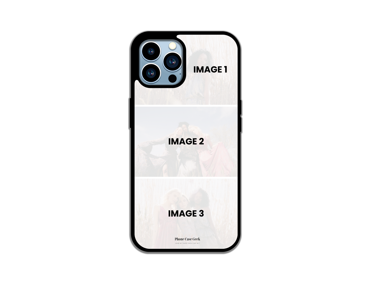 Template layout for 3 Photo Collage Custom Phone Case for iPhone, displaying design options for photo placement.