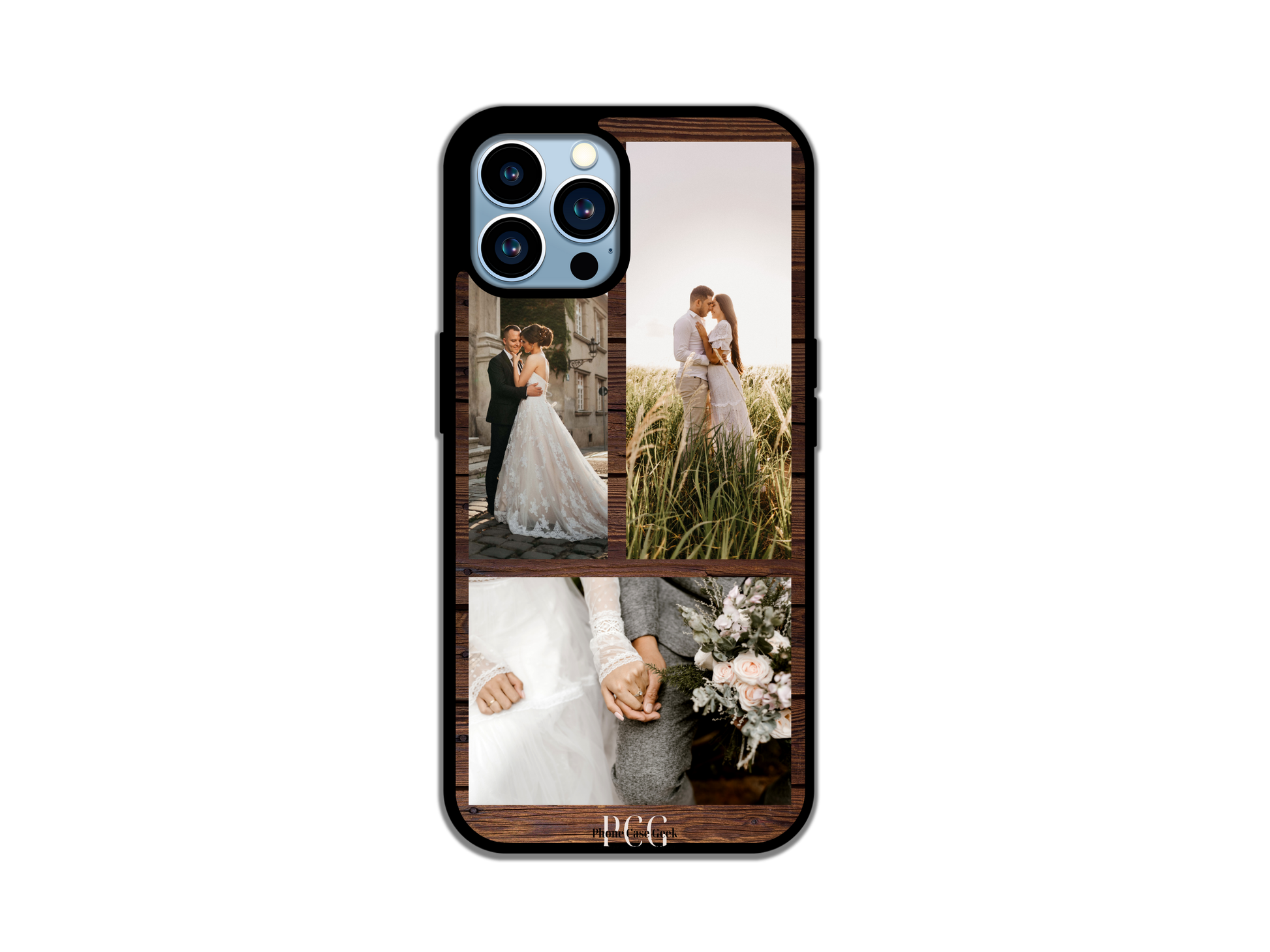 Example of a 3-photo collage custom phone case for iPhone with wood pattern background, featuring a wedding collage of bride and groom images.