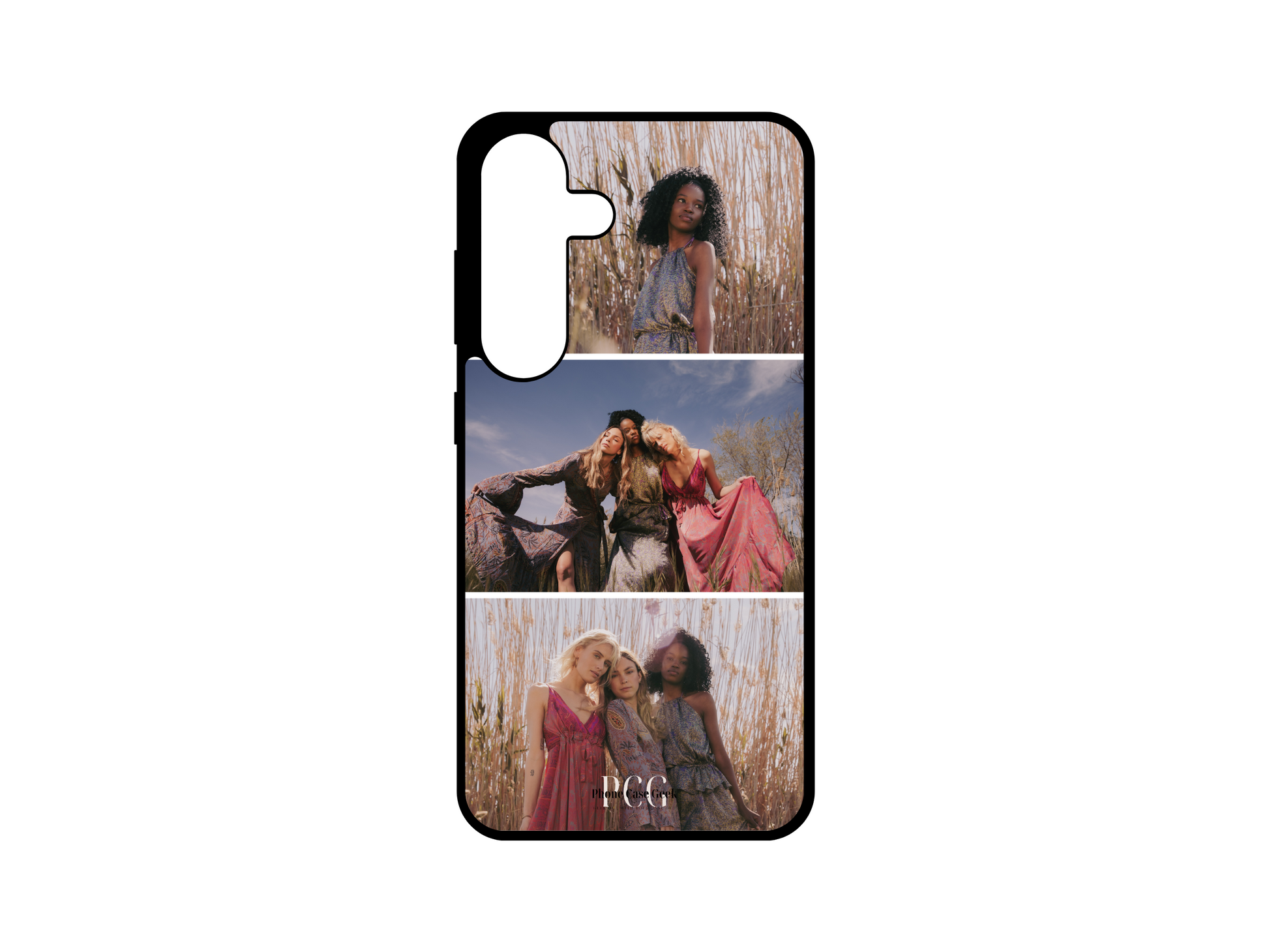 Example of a 3 Photo Collage custom phone case for Samsung Galaxy S24, S23, S22, S21, featuring photos of friends , in a collage design."