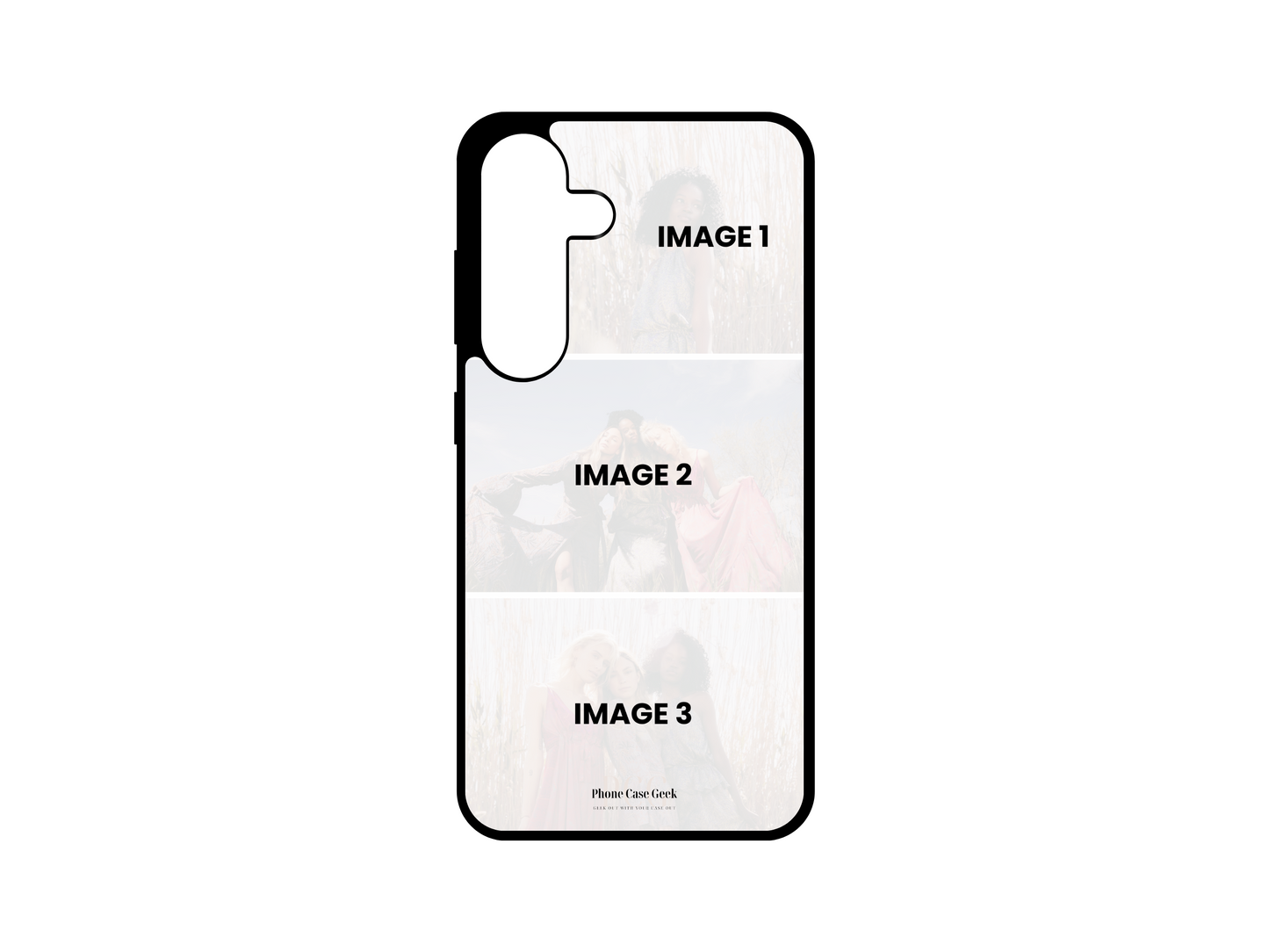 Template for a 3 Photo Collage custom phone case for Samsung Galaxy S24, S23, S22, S21, with empty spaces for photo uploads in a grid layout.