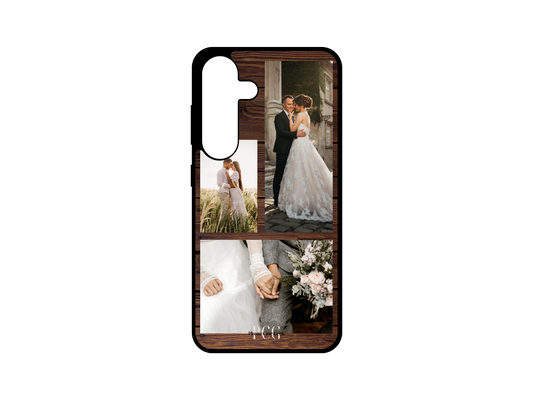 3 Photo Collage Custom Phone Case for Samsung Galaxy S24, S23, S22, S21 in a wood pattern design, featuring an example layout with wedding photos.