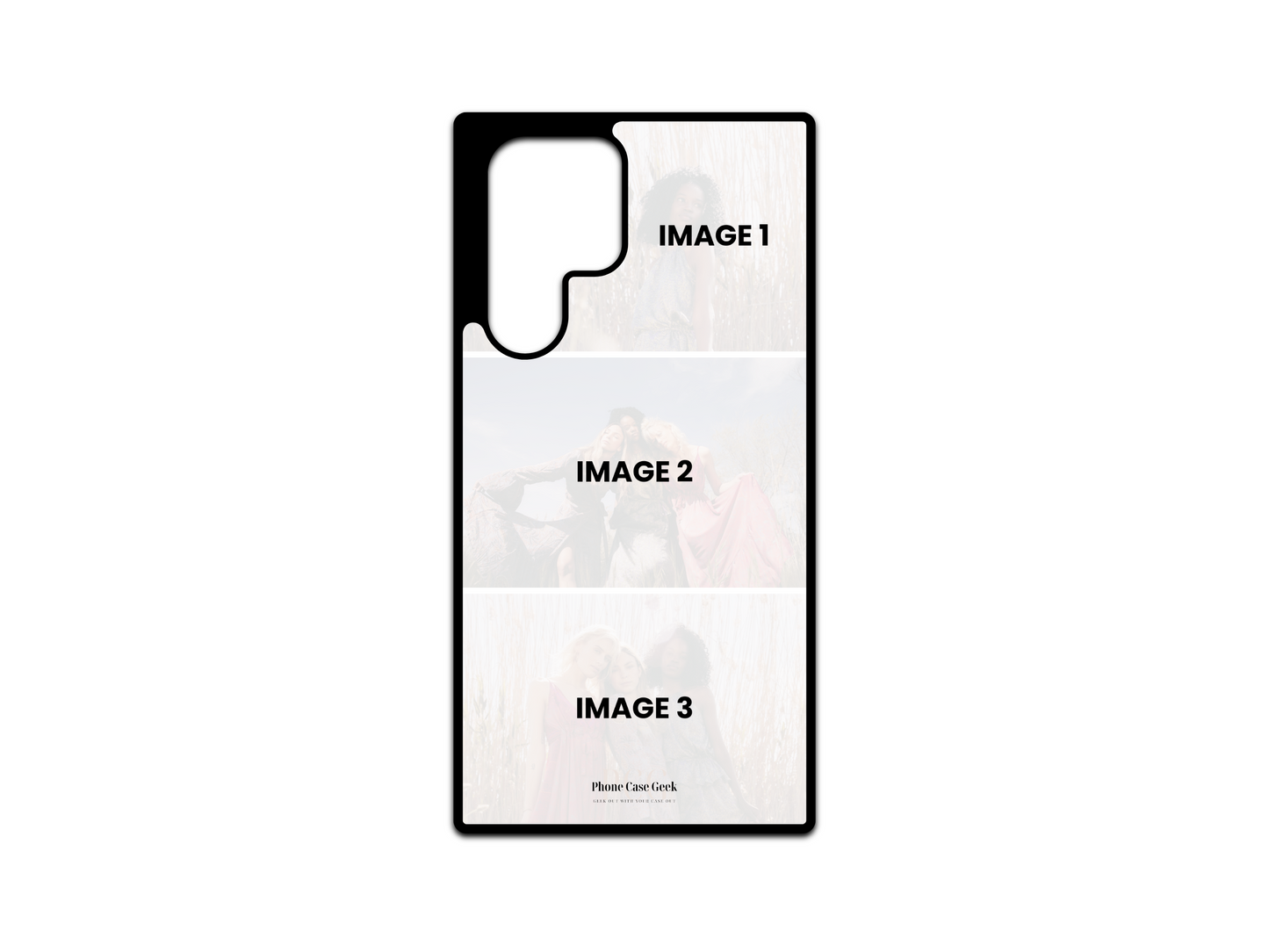 Template for a 3 Photo Collage custom phone case for Samsung Galaxy S24 Ultra, S23 Ultra, S22 Ultra, with placeholders for photo uploads in a grid layout.