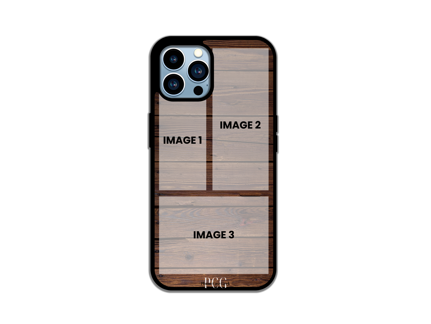 Template layout for 3-photo collage custom phone case for iPhone with wood pattern background, showing photo placement options.