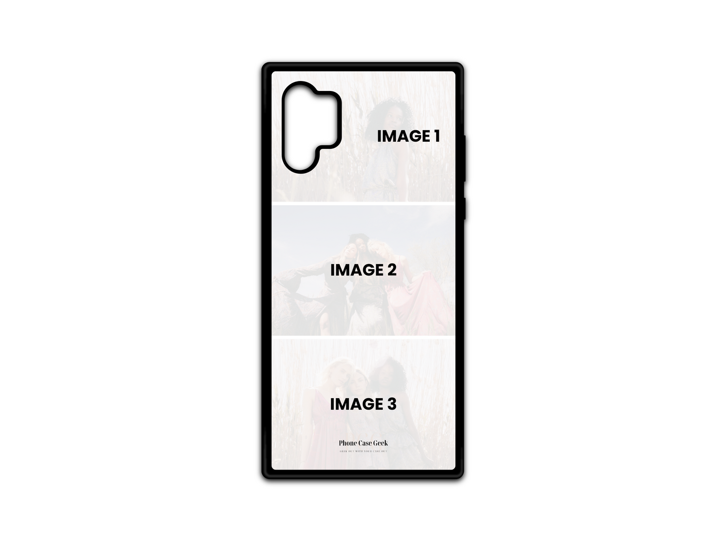 Template for 3 photo collage custom phone case designed for Samsung Galaxy Note 10, featuring layout for personalized photos.