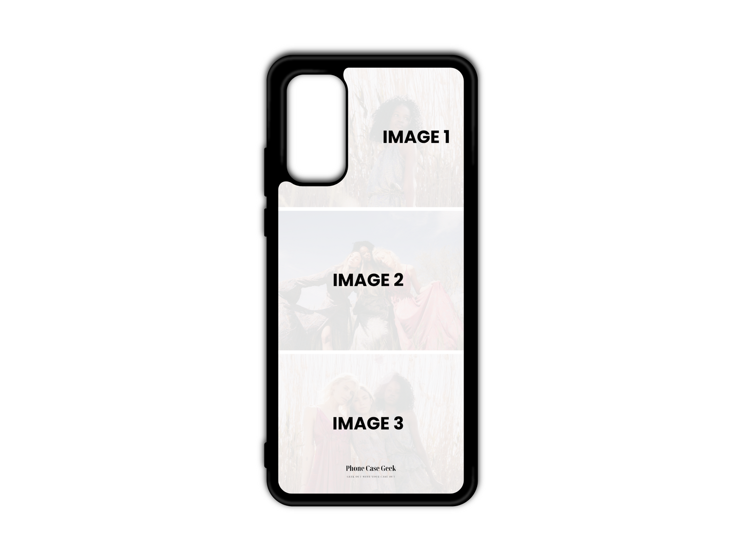 Template for 3 photo collage custom phone case compatible with Samsung Galaxy S20, S20 FE, and S20 Ultra models, showcasing layout for personalized photo design.