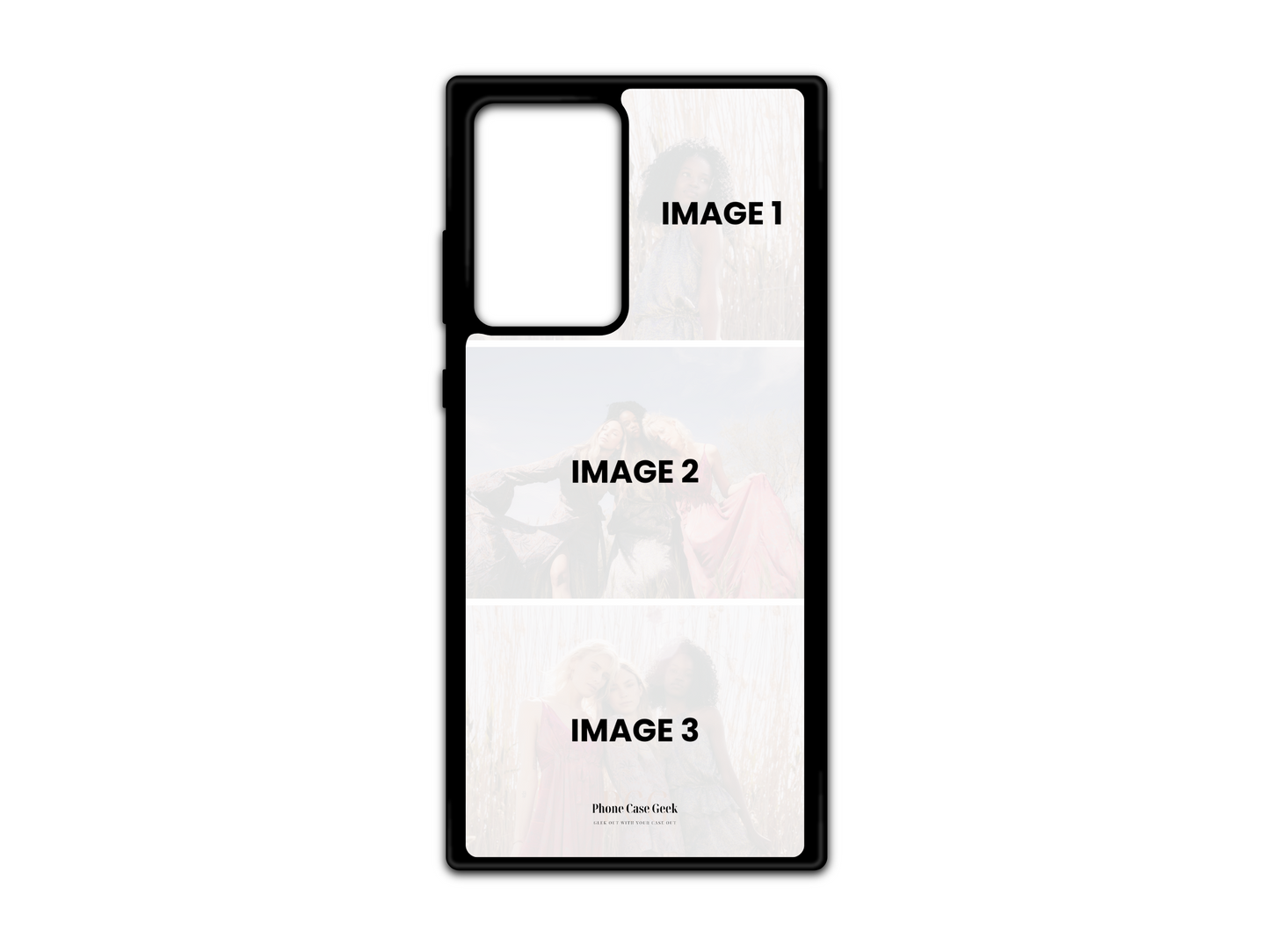 Template for 3 photo collage custom phone case compatible with Samsung Galaxy S21 Ultra, Note 20, and Note 20 Ultra models, featuring layout for personalized photo design.