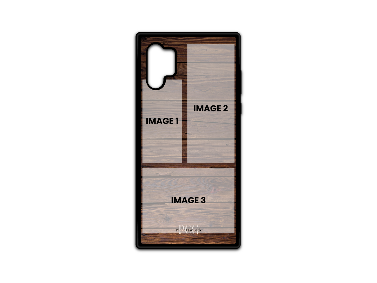 Template for 3 Photo Collage Custom Phone Case for Samsung Galaxy Note 10 with wood pattern background, showing placeholder photo areas.