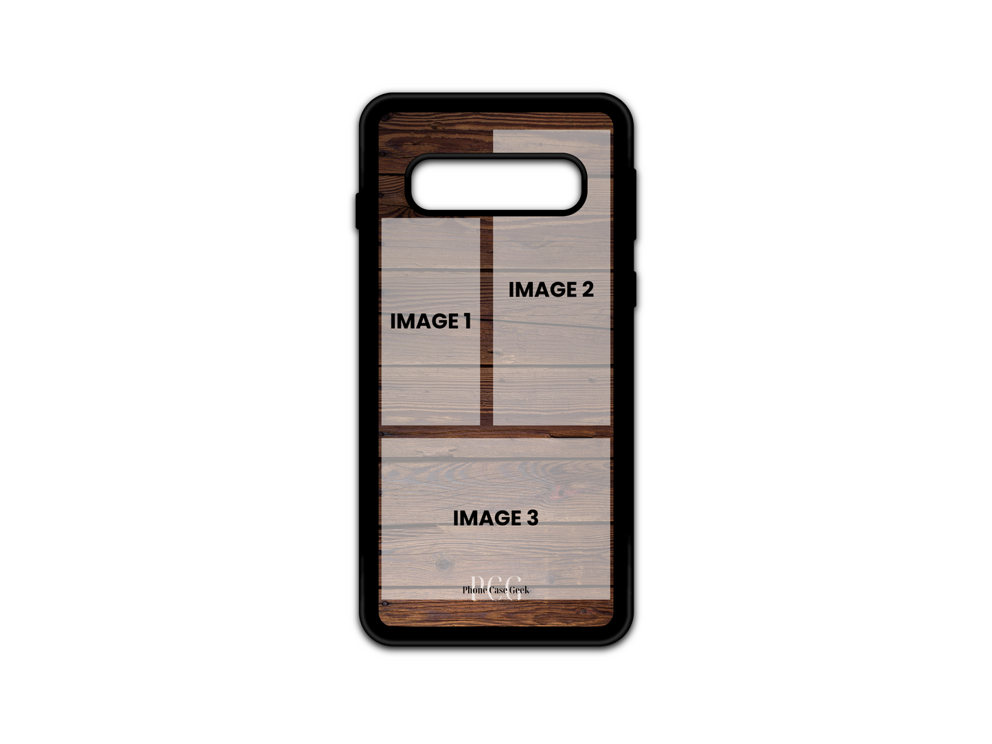 Template for 3 Photo Collage Custom Phone Case for Samsung Galaxy S10 with wood pattern background, showing placeholder photo areas.