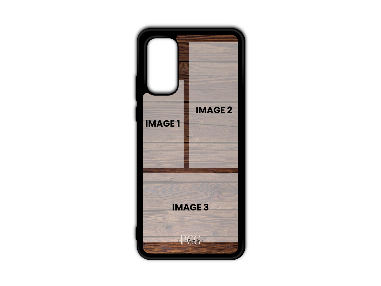 Template for 3 Photo Collage Custom Phone Case for Samsung Galaxy S20, S20FE, S20 Ultra with wood pattern background, showing placeholder photo areas.