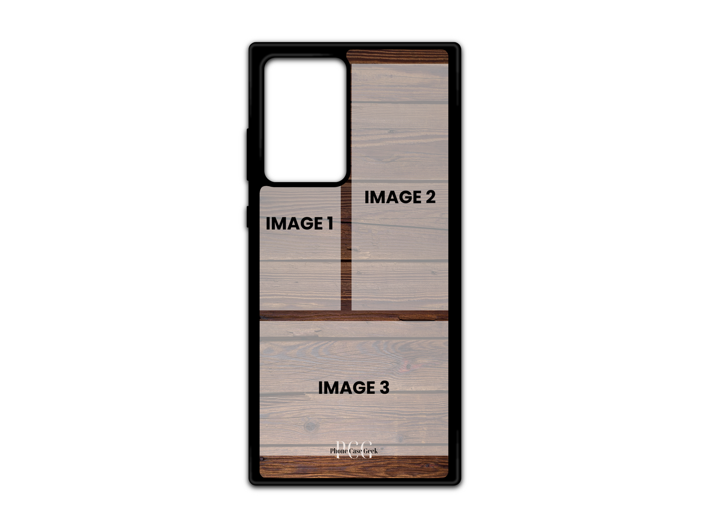 Template for 3 Photo Collage Custom Phone Case for Samsung Galaxy S21 Ultra, Note 20, Note 20 Ultra with wood pattern background, showing placeholder photo areas.