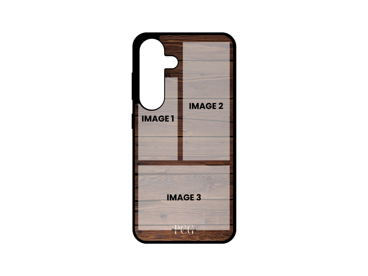 Template for 3 Photo Collage Custom Phone Case for Samsung Galaxy S24, S23, S22, S21 with wood pattern background, showcasing placeholder photo sections.