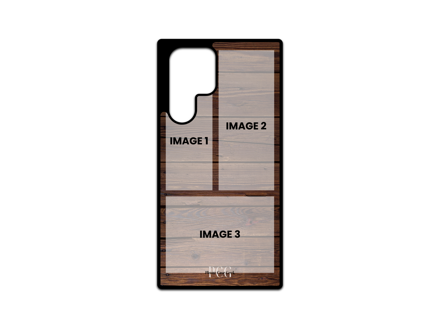 Template for 3 Photo Collage Custom Phone Case for Samsung Galaxy S24 Ultra, S23 Ultra, S22 Ultra with wood pattern background, displaying placeholder photo areas.