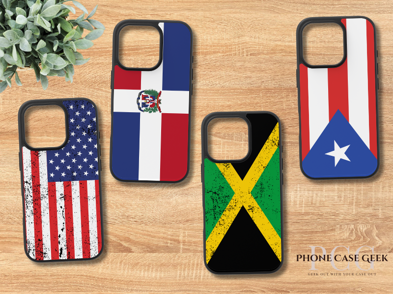 Four custom iPhone cases with different country flag designs, displayed on a wood background, showcasing vibrant and personalized flag-themed cases.