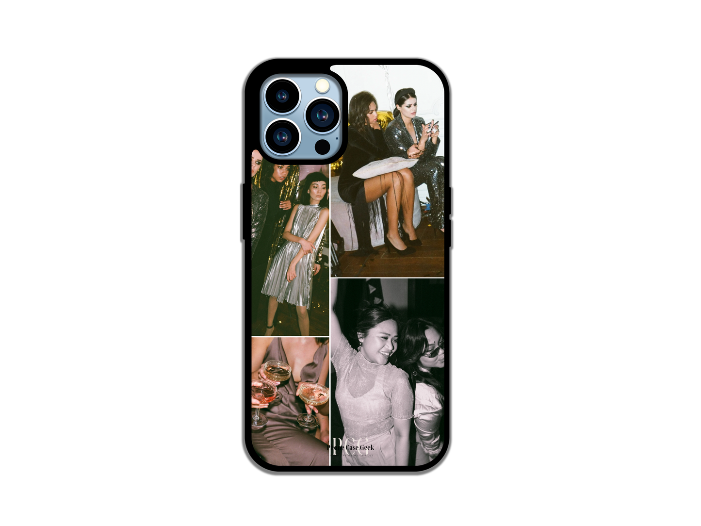 Example of a 4 Photo Collage Custom Phone Case for iPhone featuring friends at a party, highlighting personalized design options.