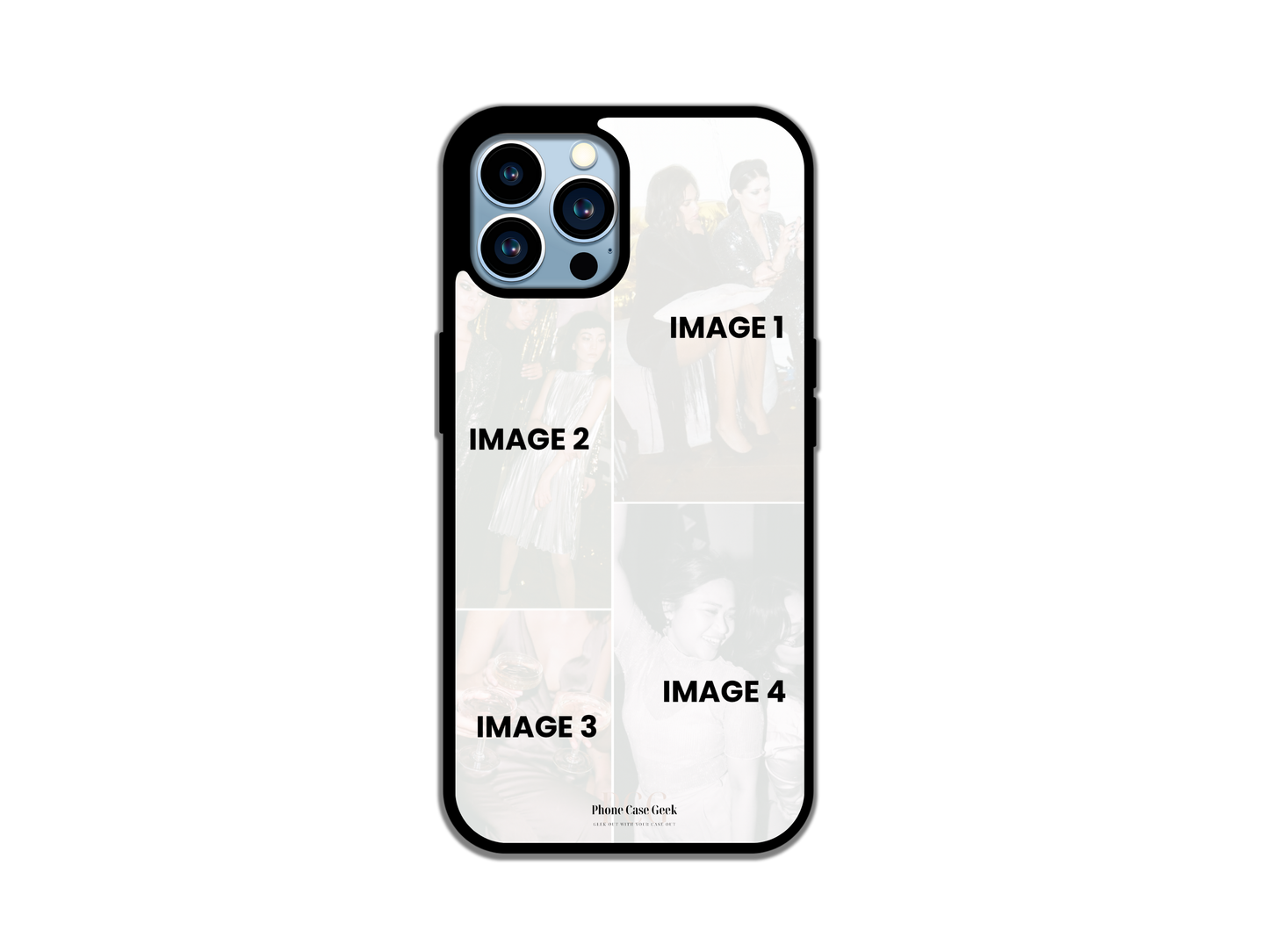 Template layout for 4 Photo Collage Custom Phone Case for iPhone, showcasing design options for photo placement.