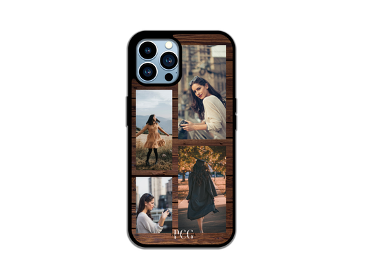 Example of a 4 Photo Collage Custom Phone Case for iPhone with a wood pattern background, showcasing a woman’s highlights of life through personal photos.