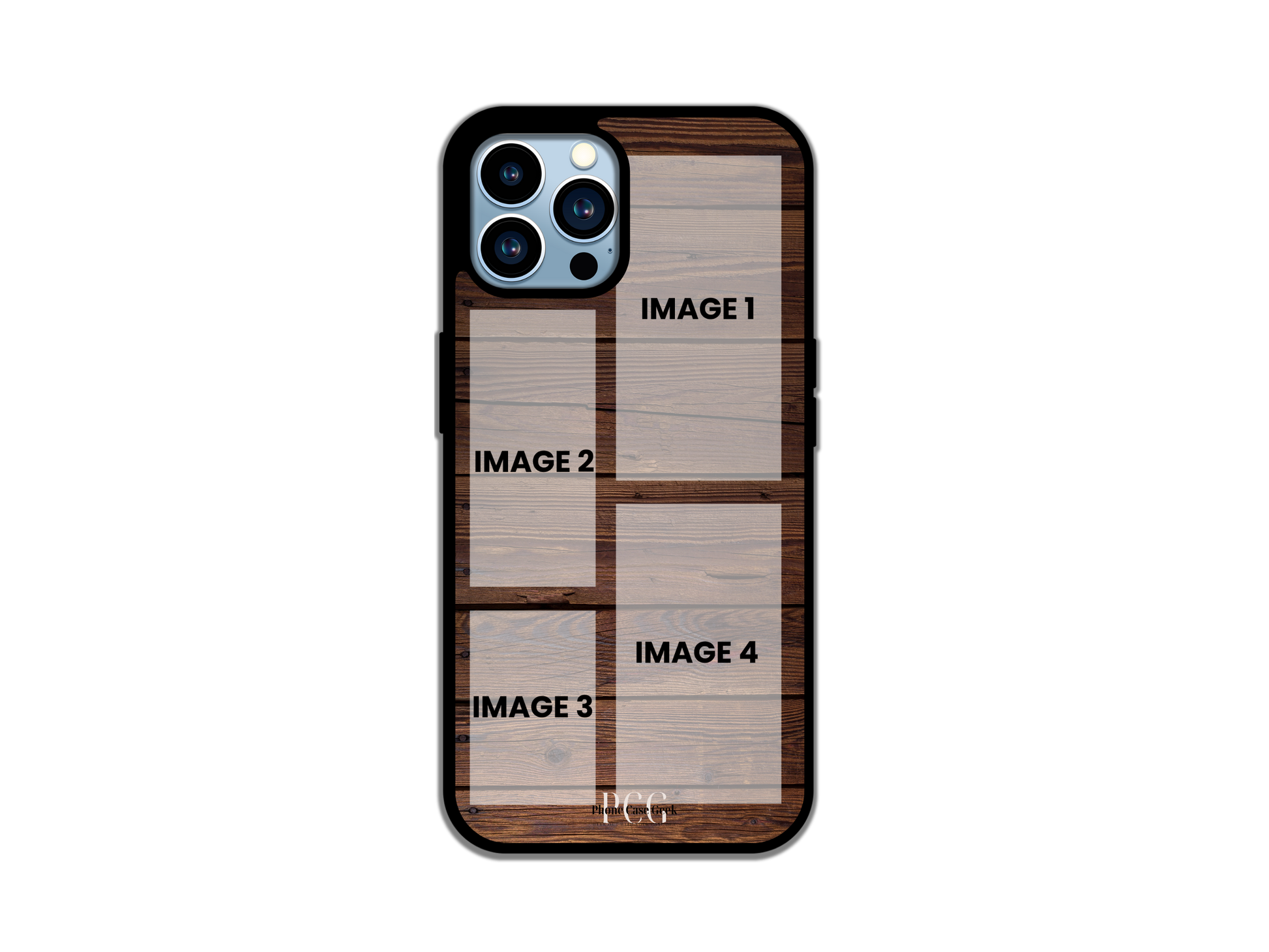 Template layout for 4 Photo Collage Custom Phone Case for iPhone – Wood Pattern background, displaying photo placement options.