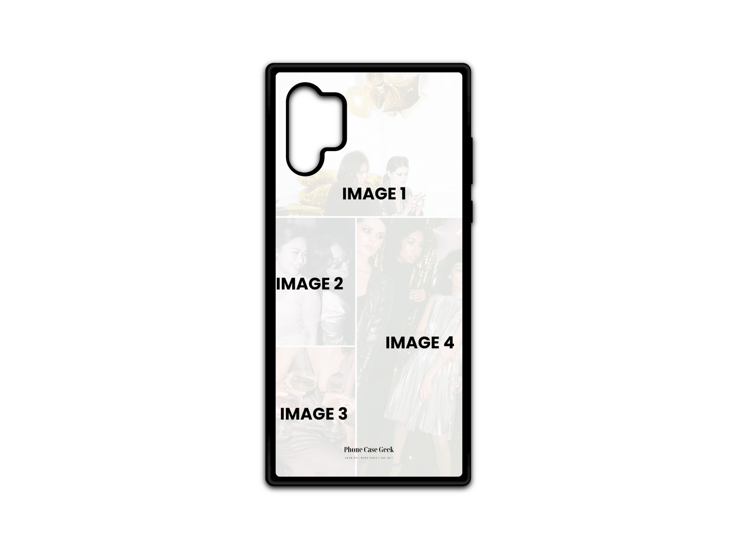 Template for 4 Photo Collage Custom Phone Case for Samsung Galaxy Note10 with placeholders for four photos.