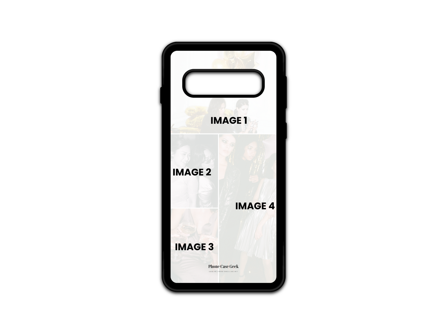 Template for 4 Photo Collage Custom Phone Case for Samsung Galaxy S10 with placeholders for four photos.