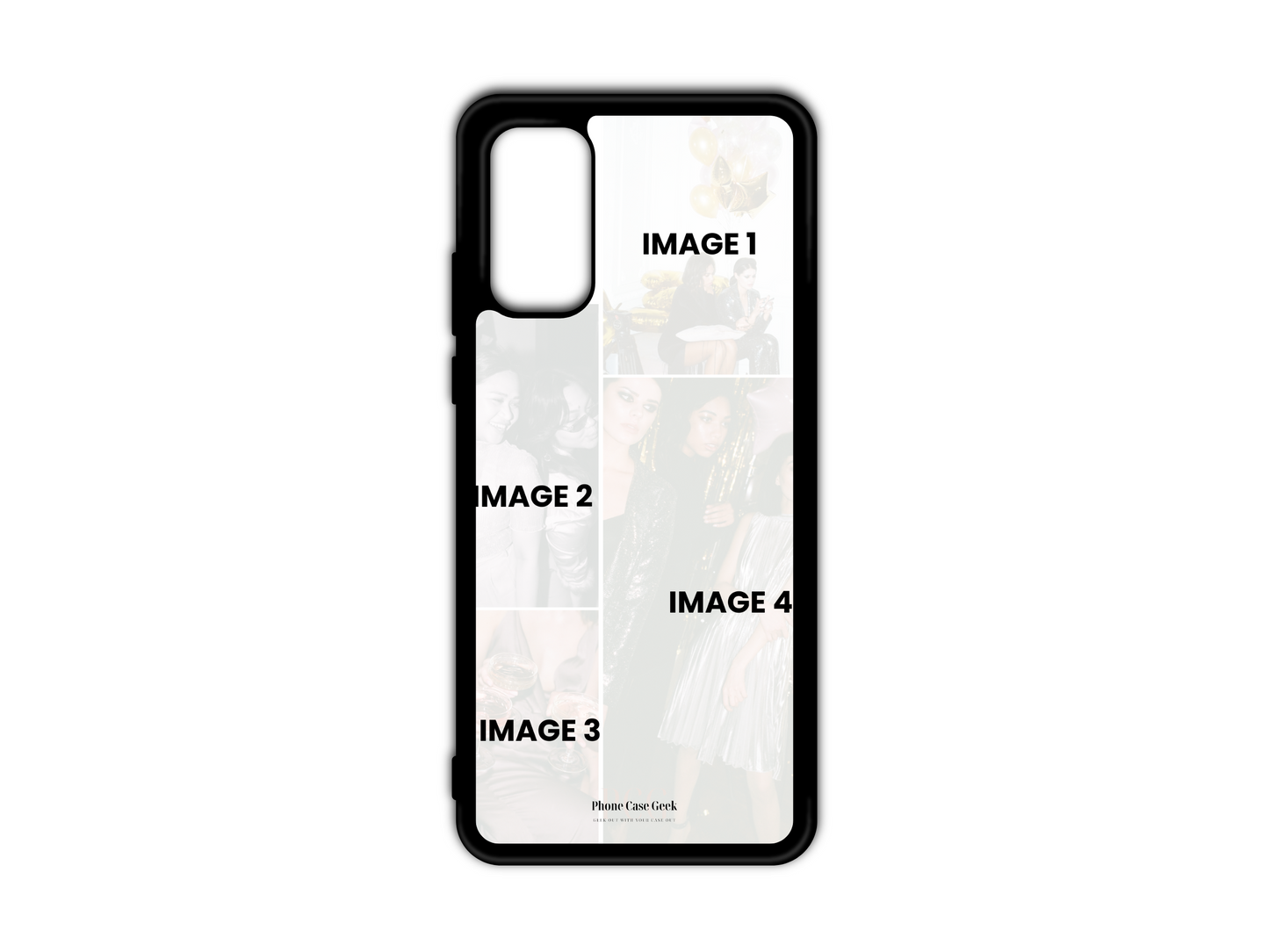 Template for 4 Photo Collage Custom Phone Case for Samsung Galaxy S20, S20FE, and S20 Ultra with placeholders for four photos.