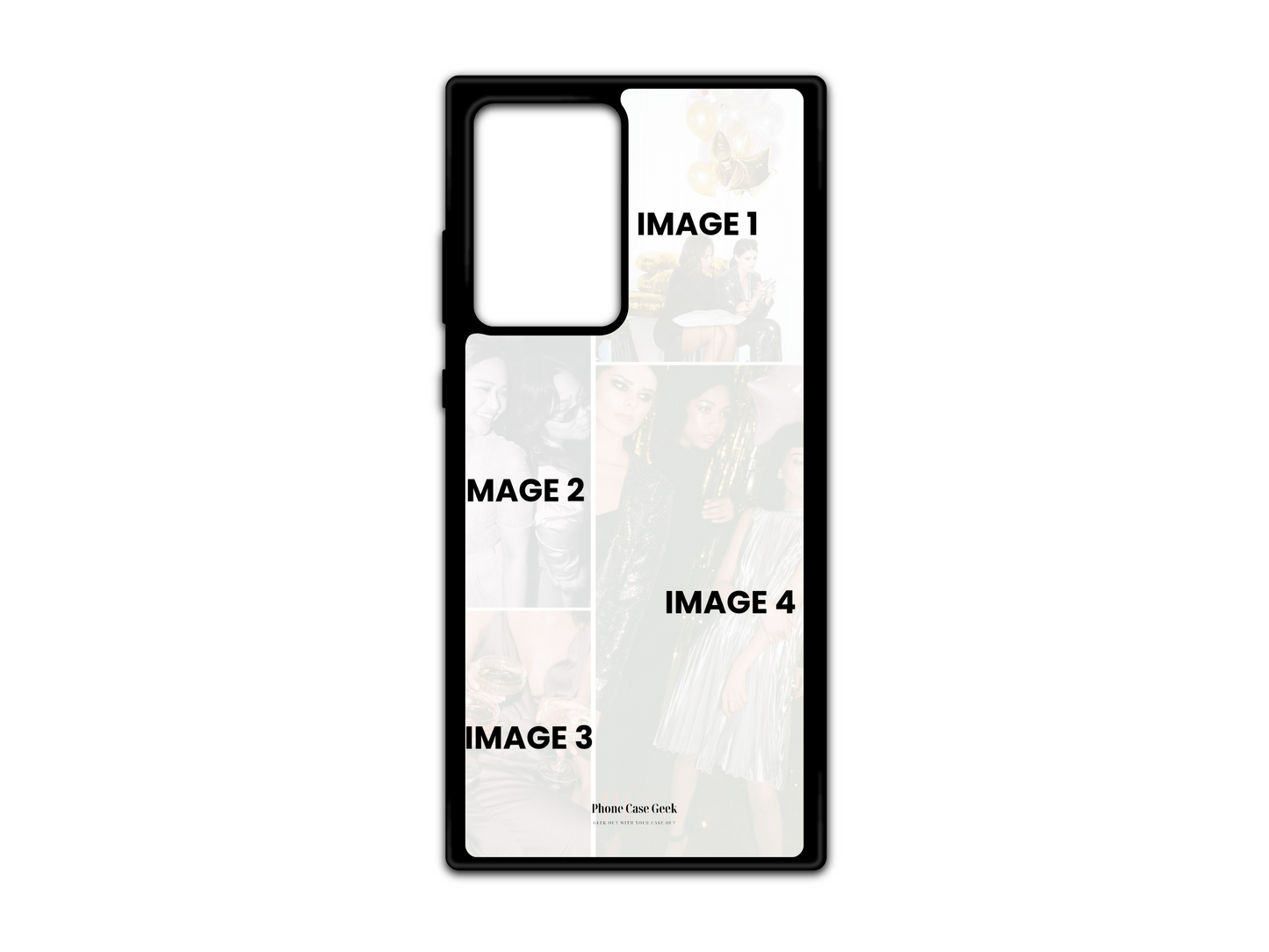 Template for 4 Photo Collage Custom Phone Case for Samsung Galaxy S21 Ultra, Note20, and Note20 Ultra with placeholders for four photos.