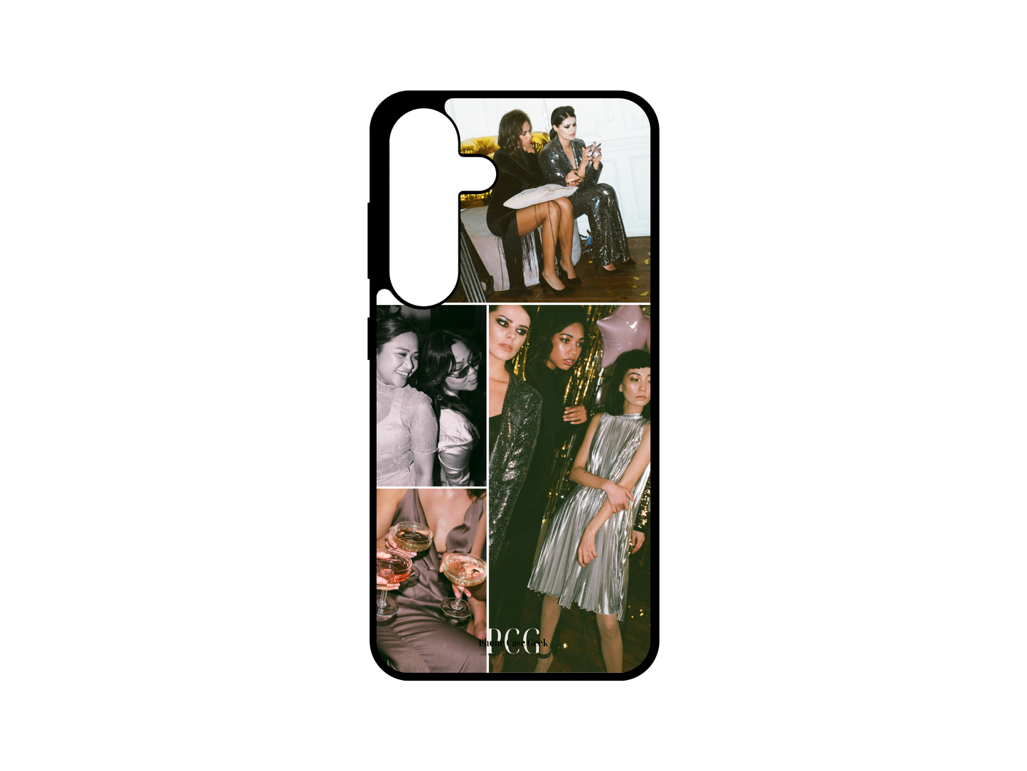 Example of 4 Photo Collage Custom Phone Case for Samsung Galaxy S24, S23, S22, S21, featuring friends enjoying a party with photo placeholders.