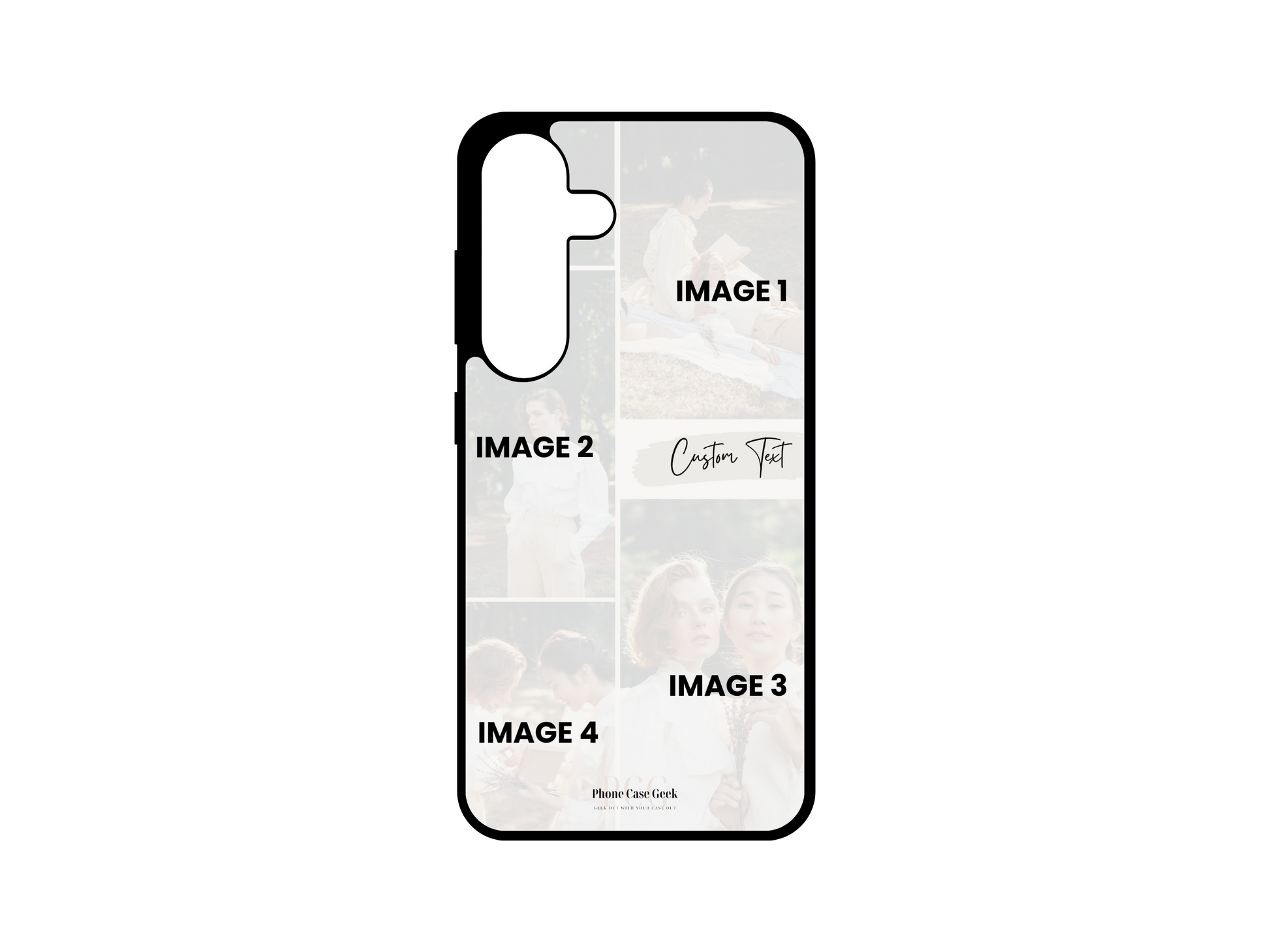 Template for personalized 4 photo collage custom phone case for Samsung Galaxy S24, S23, S22, S21 with space for custom text