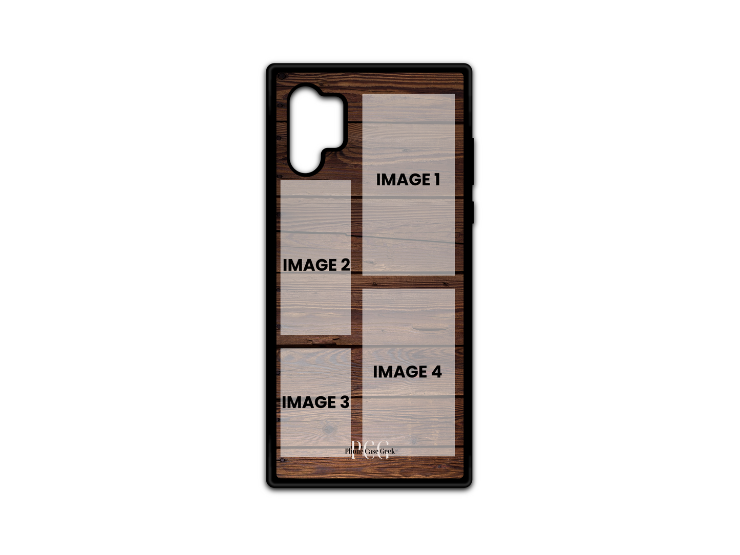 Template of 4 Photo Collage Custom Phone Case with wood pattern for Samsung Galaxy Note 10. Customizable with four photos.