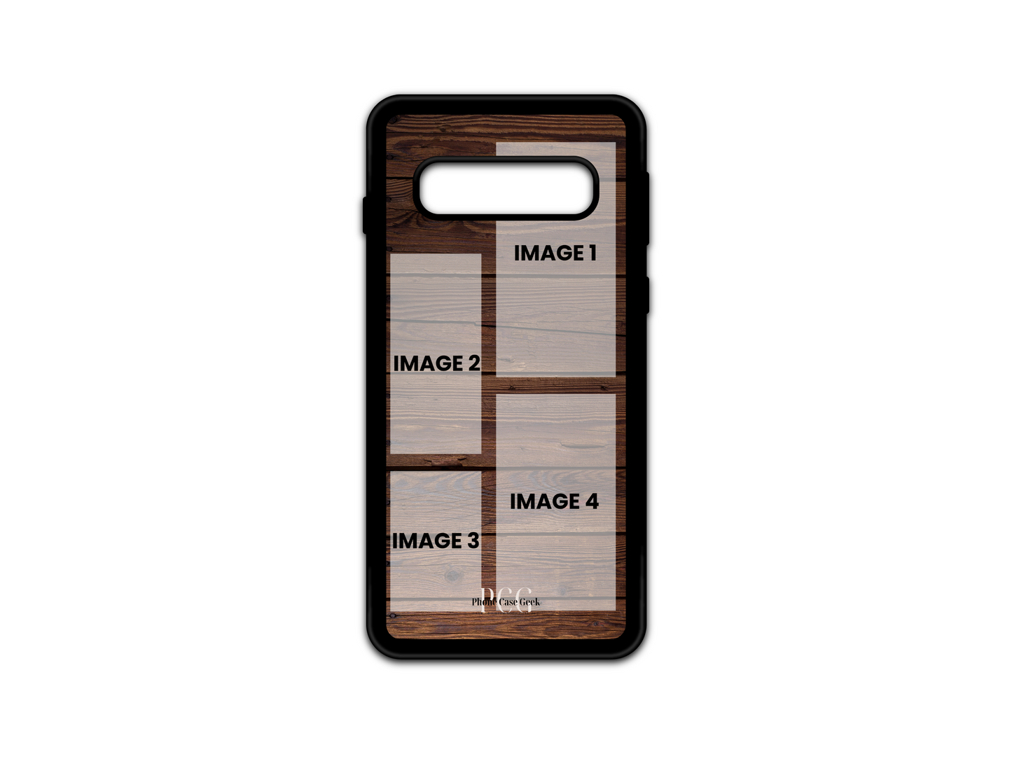 Template of 4 Photo Collage Custom Phone Case with wood pattern for Samsung Galaxy S10. Customizable with four photos.