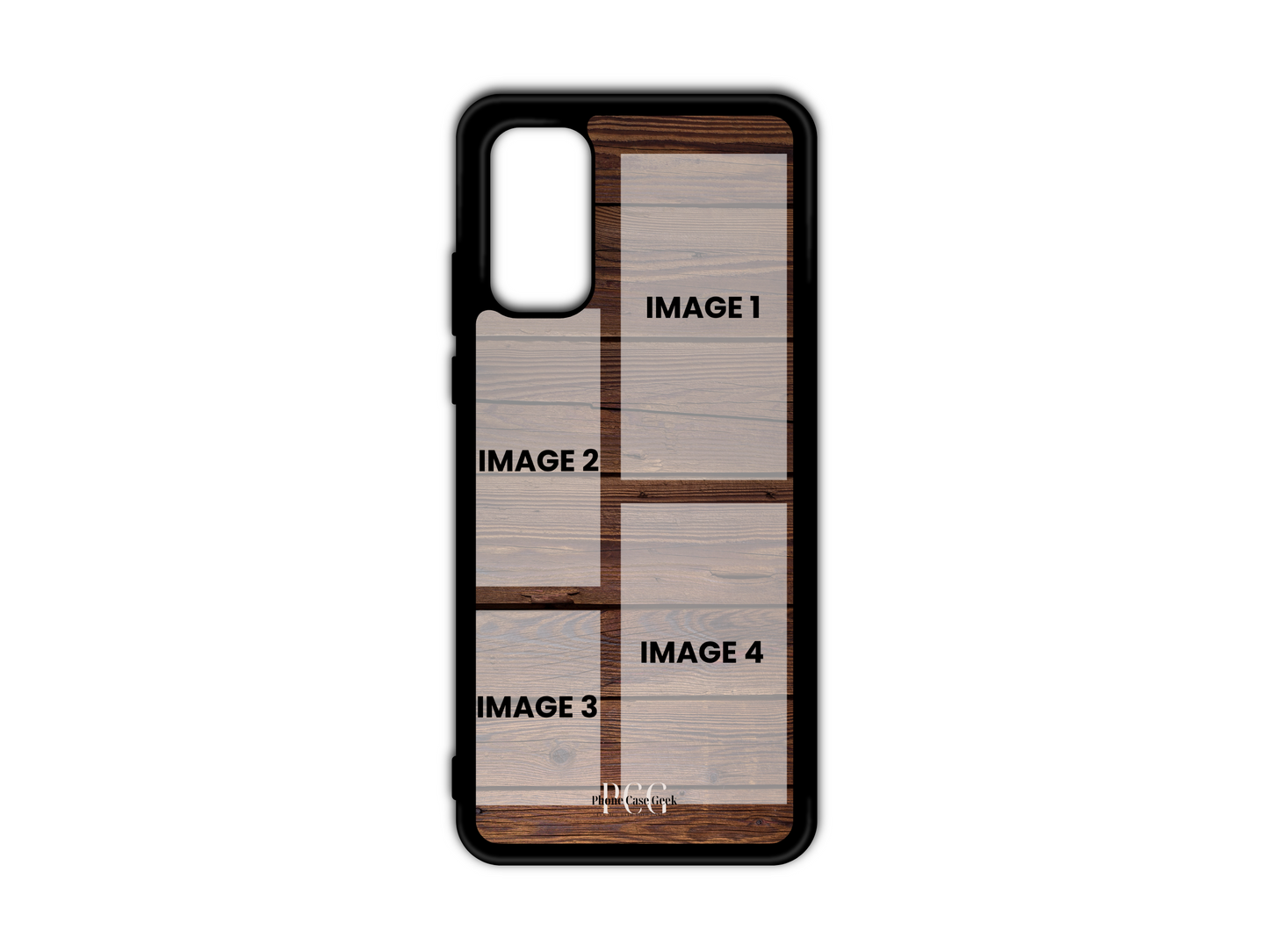 Template of 4 Photo Collage Custom Phone Case with wood pattern for Samsung Galaxy S20, S20 FE, and S20 Ultra. Customizable with four photos.