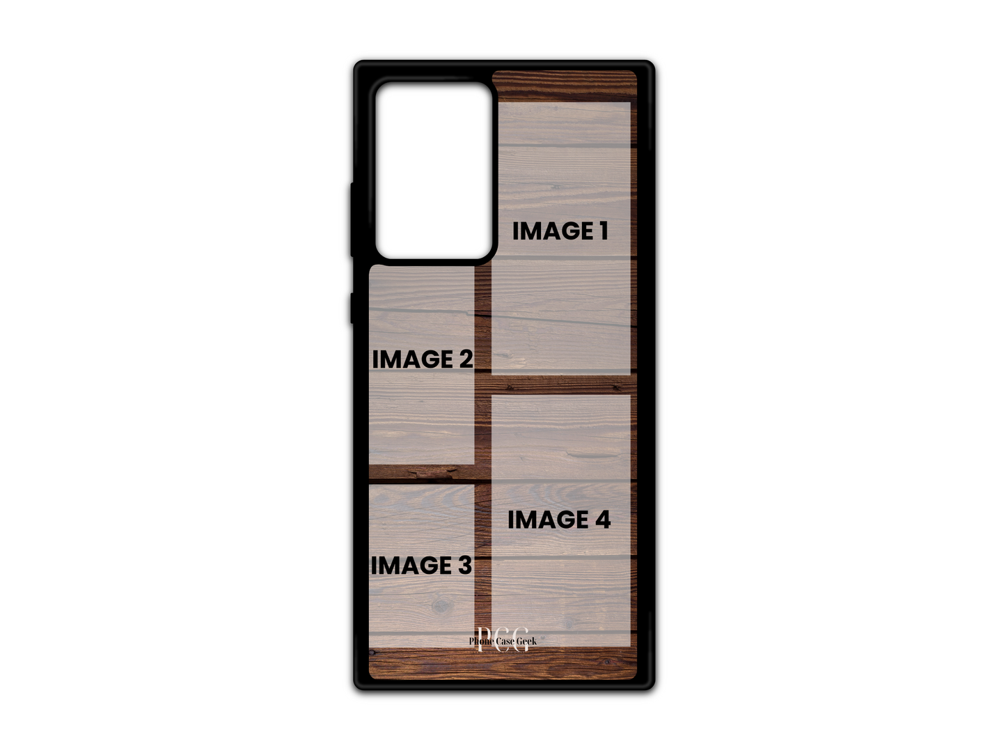 Template of 4 Photo Collage Custom Phone Case with wood pattern for Samsung Galaxy S21 Ultra, Note 20, and Note 20 Ultra. Customizable with four photos.