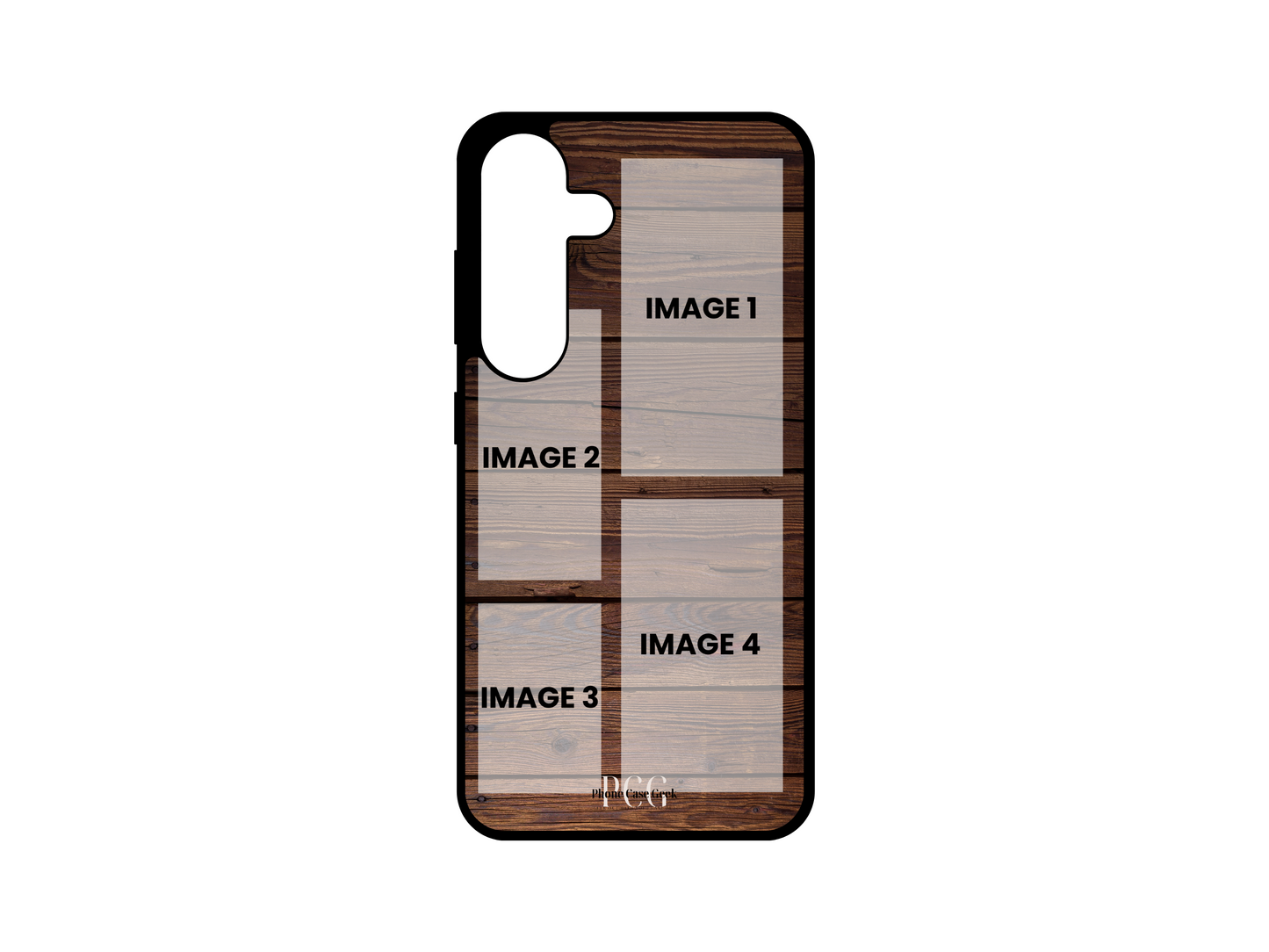 Template of 4 Photo Collage Custom Phone Case with wood pattern for Samsung Galaxy S24, S23, S22, S21. Customizable with four photos.