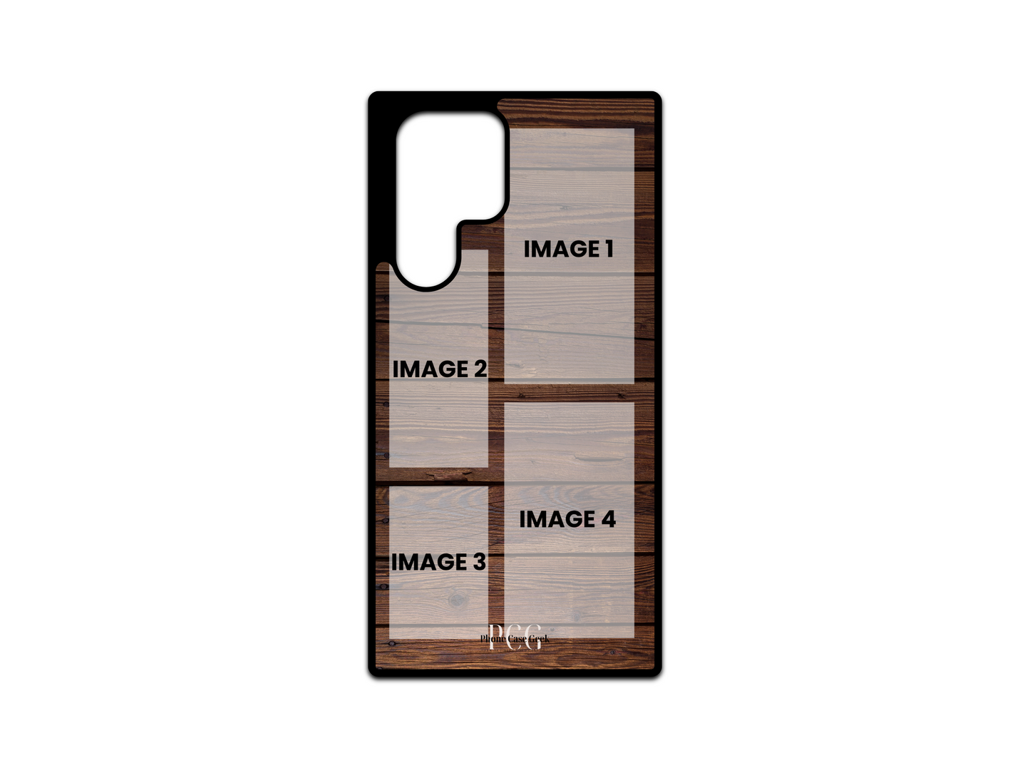 Template of 4 Photo Collage Custom Phone Case with wood pattern for Samsung Galaxy S24 Ultra, S23 Ultra, S22 Ultra. Customizable with four photos.