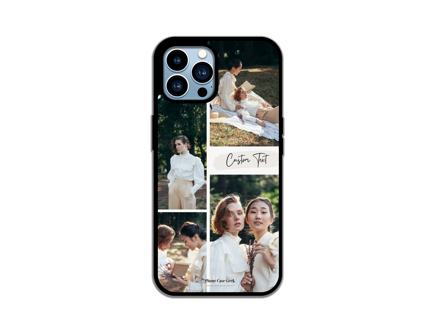 Example of a 4 Photo Collage & Text Custom Phone Case for iPhone featuring photos of two friends, showcasing personalized memories and text placement.