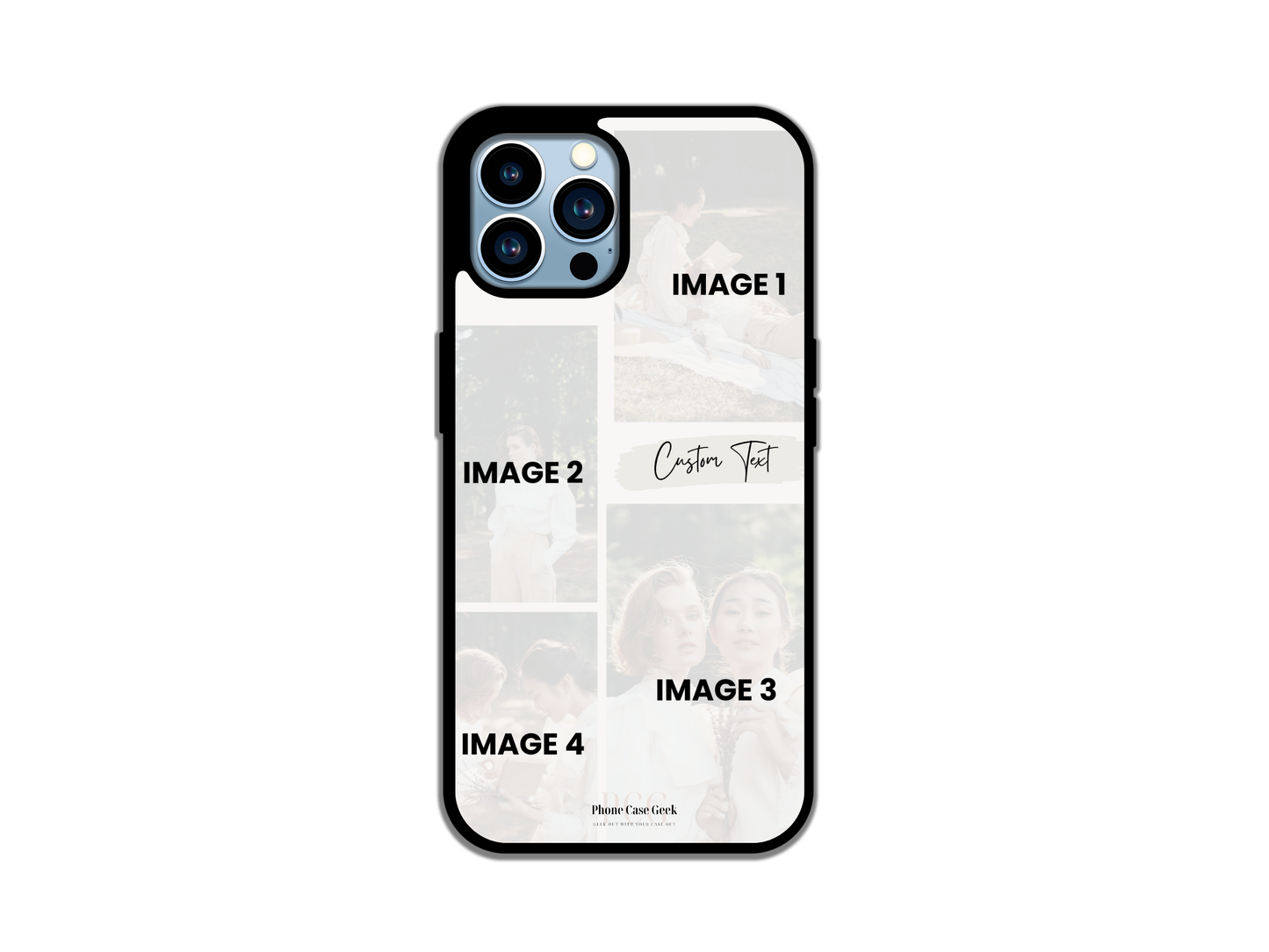 Template layout for 4 Photo Collage & Text Custom Phone Case for iPhone, displaying photo and text placement options.