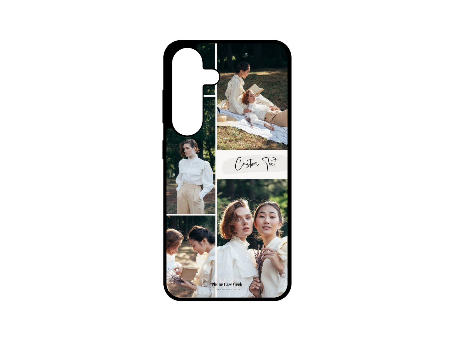 Example of a 4 Photo Collage & Text Custom Phone Case for Samsung Galaxy S24, S23, S22, S21 featuring two friends at a park picnic. Customizable with four photos and text.