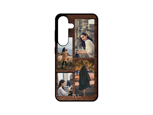 Example of 4 Photo Collage Custom Phone Case for Samsung Galaxy S24, S23, S22, S21 with wood pattern, featuring a woman’s highlights of life in four photos.