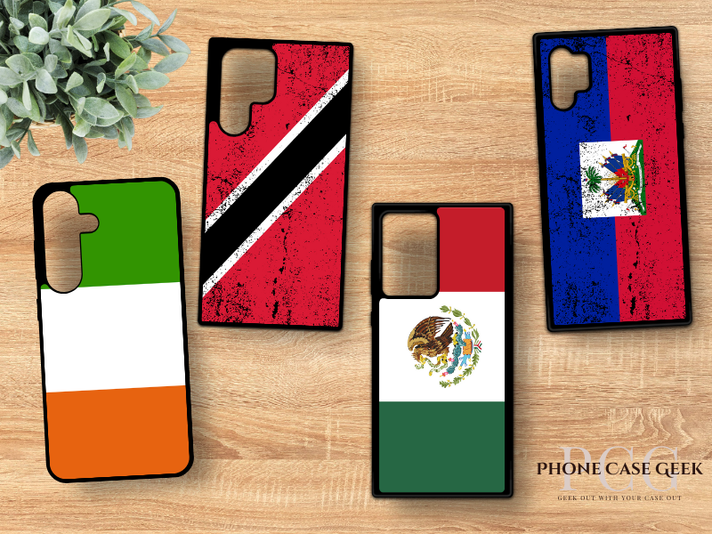 Four custom Samsung cases with different country flag designs, displayed on a wood background, showcasing vibrant and personalized flag-themed cases.