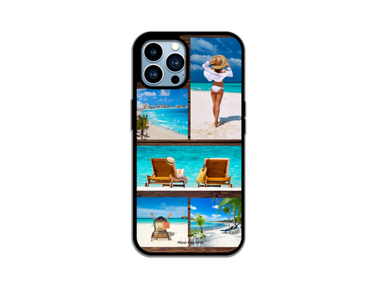 Example of a 5 photo collage custom phone case for iPhone with a wood pattern background, featuring a woman enjoying her vacation and showcasing personalization options.