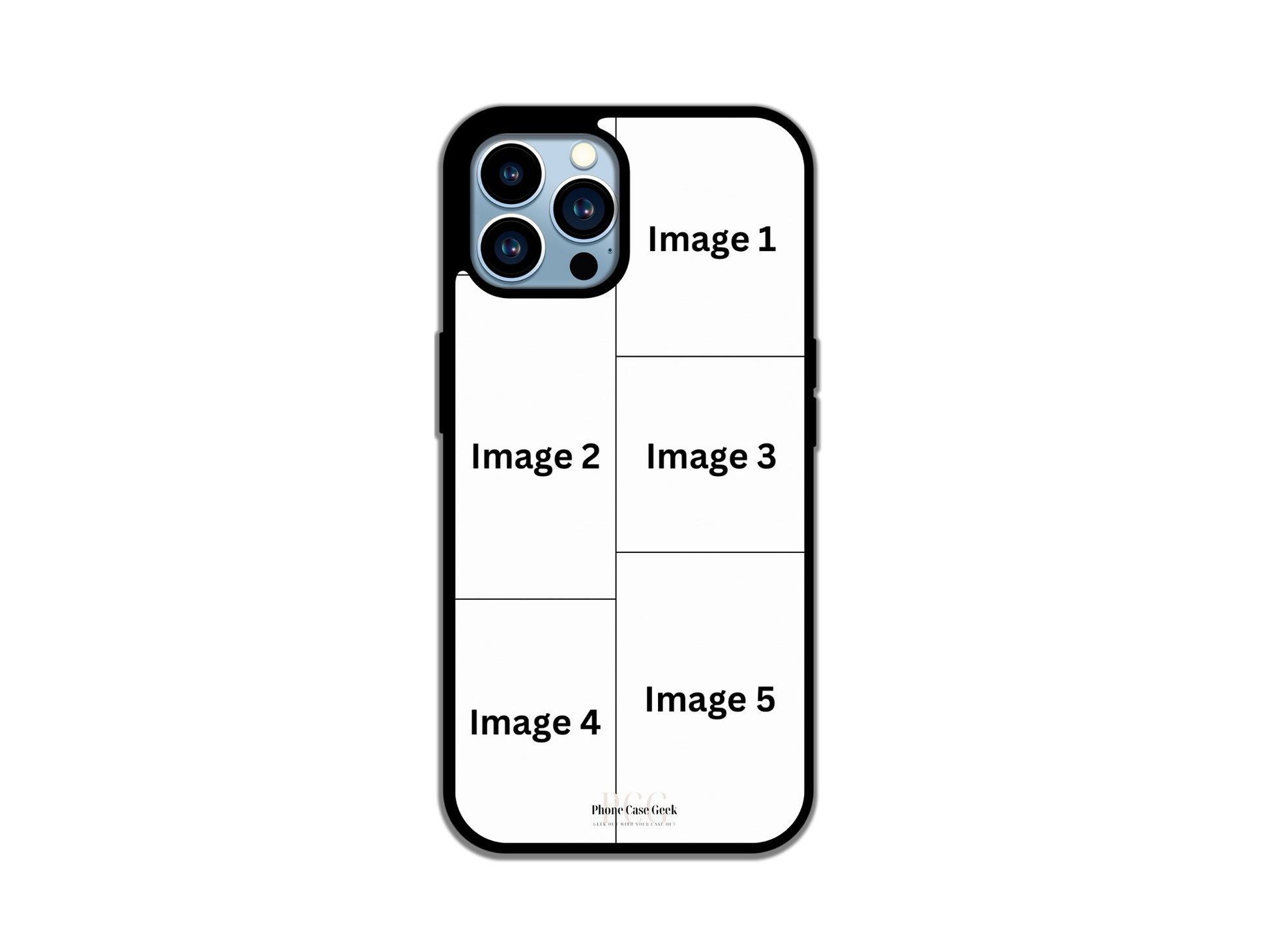 Template layout for 5 Photo Collage Custom Phone Case for iPhone, illustrating photo placement options for personalization.