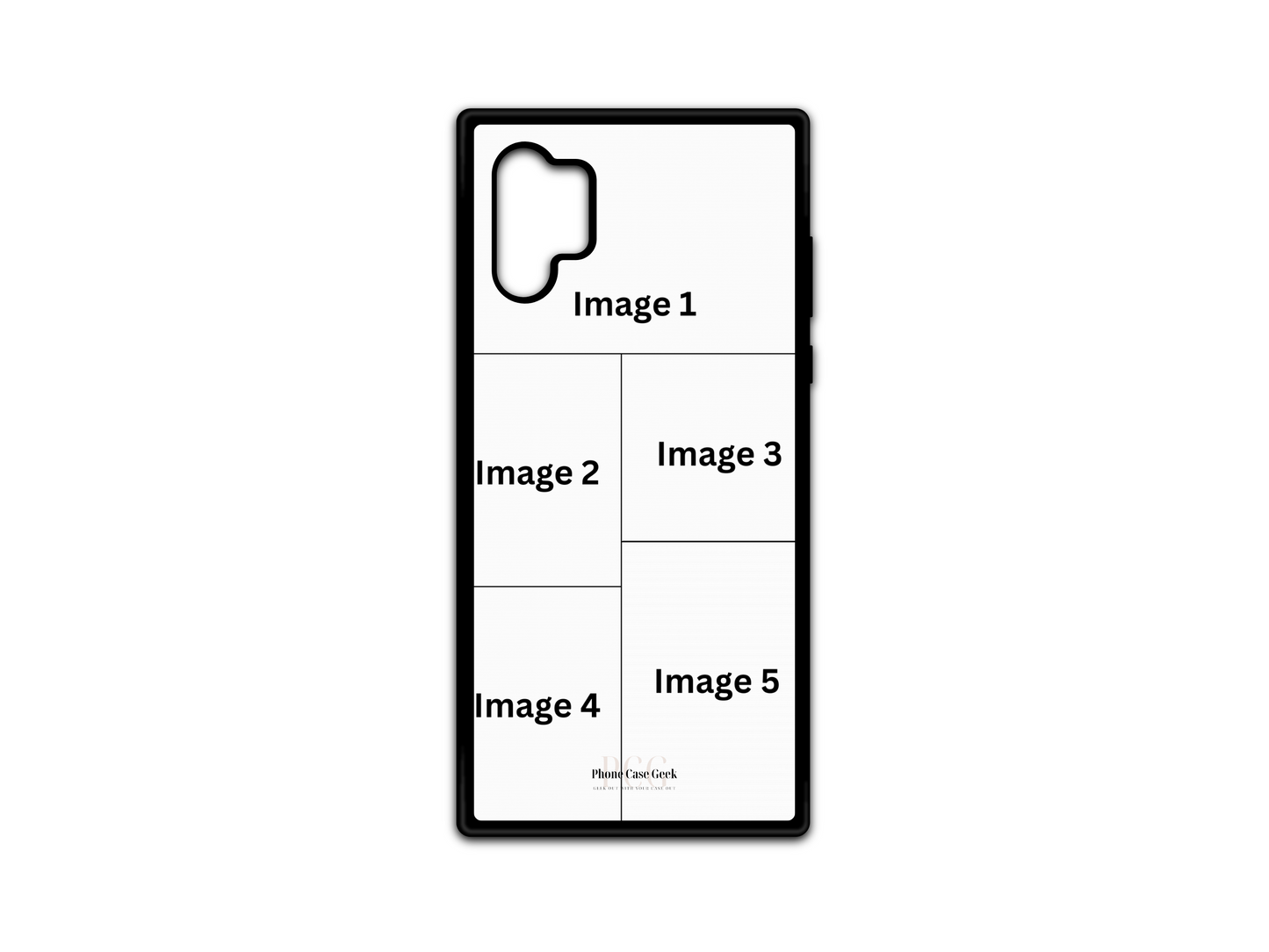 Template for 5 Photo Collage Custom Phone Case for Samsung Galaxy Note 10 with customizable photo placeholders.